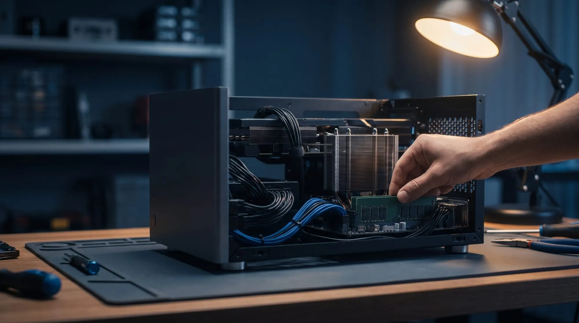 Open desktop-pc op de werkbank waar een geheugenmodule wordt geplaatst