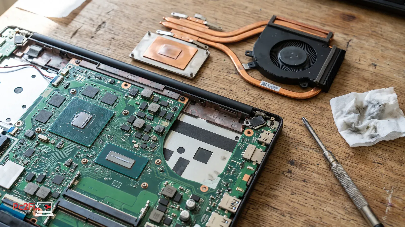 Laptop open in de werkplaats: de koelmodule ligt er schoongemaakt naast, met verse koelpasta op de processor en videochip