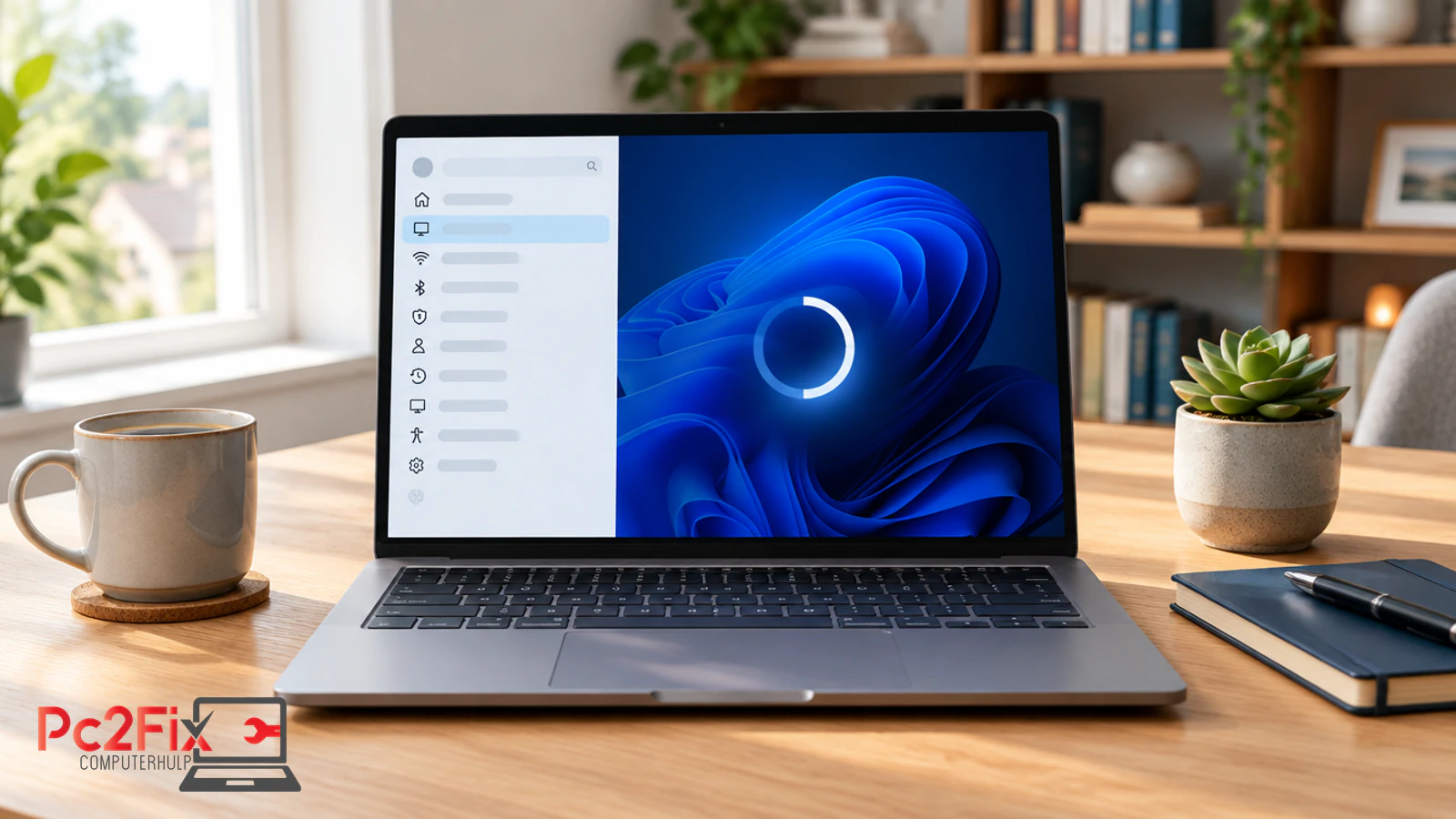 Windows 11 26H2-update op een laptop: het scherm toont de Windows-instellingen en een laadcirkel, Windows-hulp door PC2Fix Hengelo